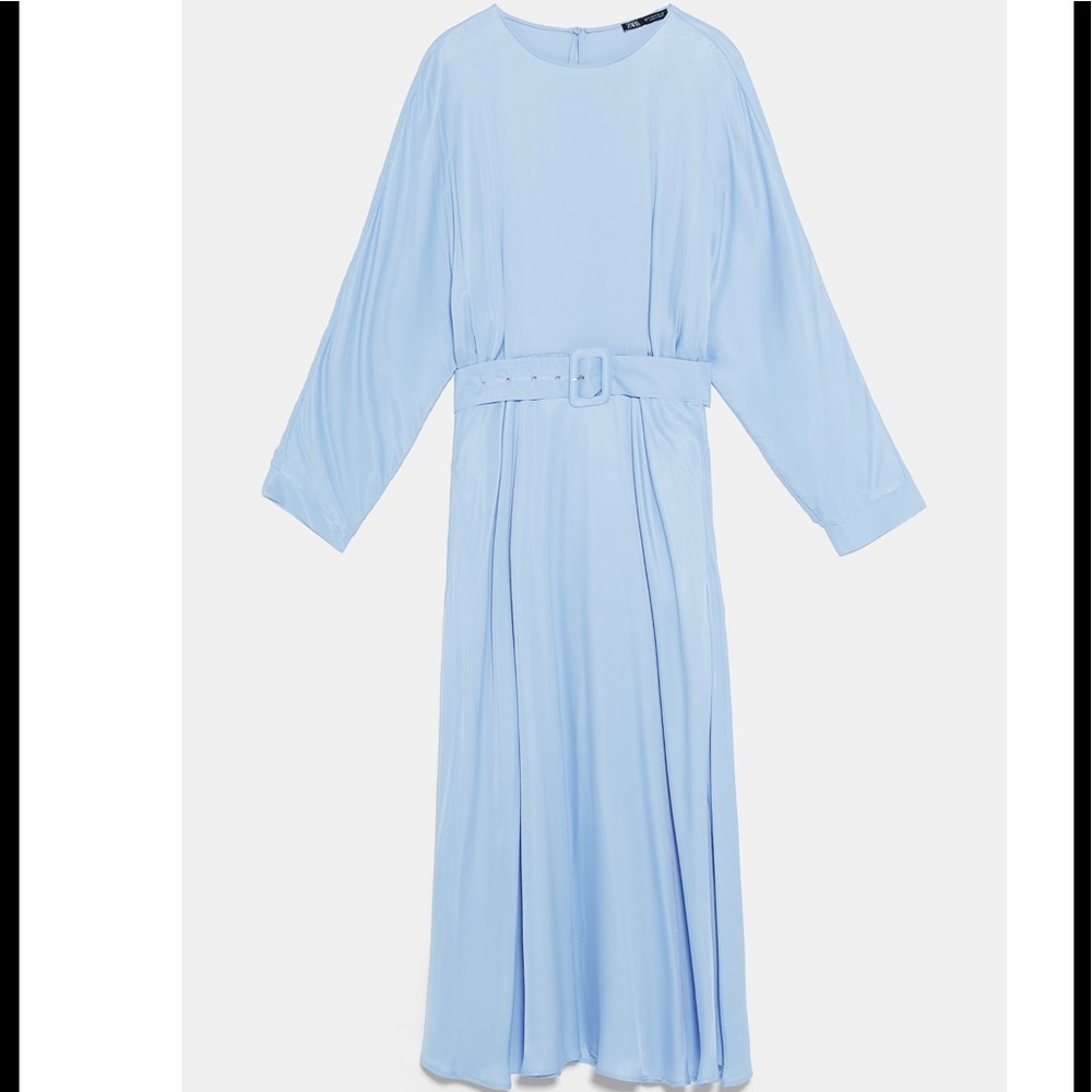 ZARA Baby Blue Belted Satin Effect Midi Dress - Picture 13 of 14